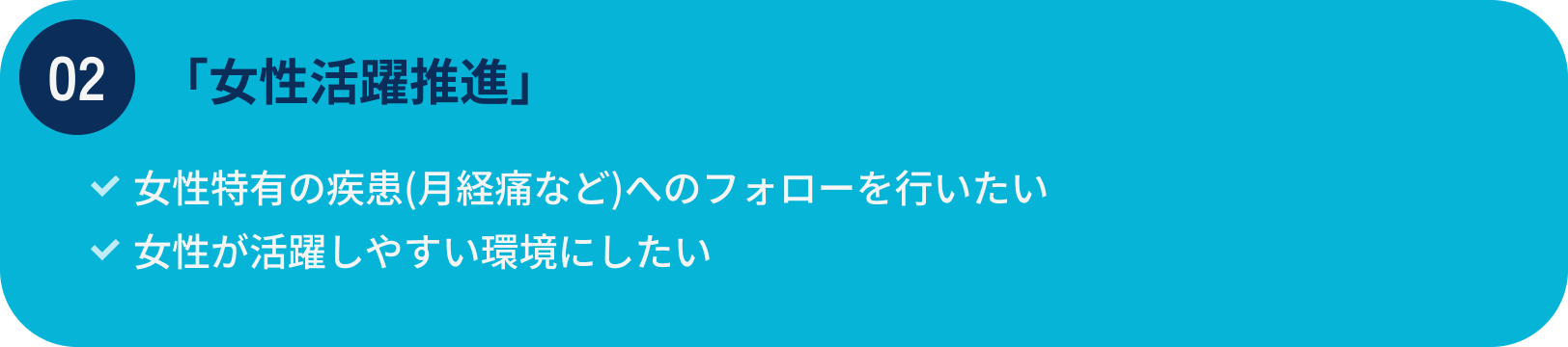 女性活躍推進/女性特有の疾患(月経痛など)へのフォローを行いたい/女性が活躍しやすい環境に
                                したい