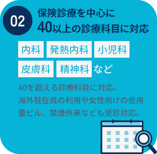 保険診療を中心に40の診療科目に対応/内科、発熱内科、小児科、皮膚科、精神科など
                        40を超える診療科目に対応。海外駐在員の利用や女性向けの低用量ピル、禁煙外来なども受診対応。